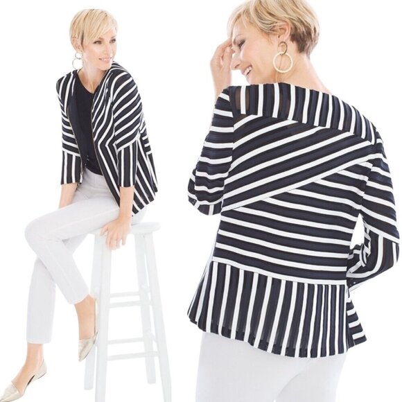 New Chicos Travelers Collection Womens Blue Stripe Jacket Size XL Gold Zipper - Picture 1 of 10